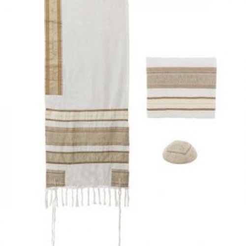 Three-Piece Cotton Tallit Set with Appliques,Brown Stripes - Yair Emanuel