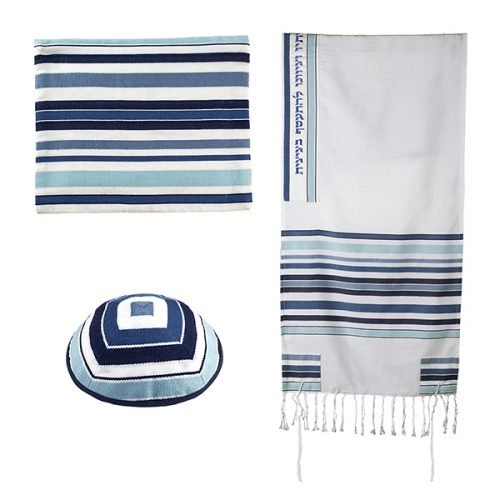 Three-Piece Tallit Bag Set with Embroidered Stripes, Blue- Yair Emanuel