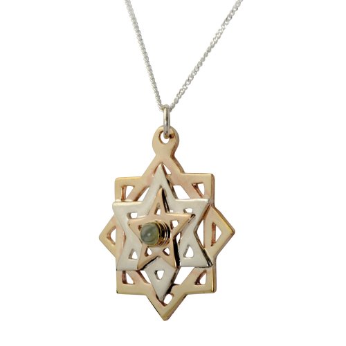 Tikun Hava Kabbalah Pendant Necklace, Three Stars in Gold, Silver and Gem - Ha'Ari