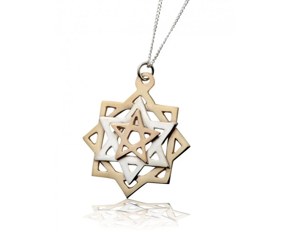Tikun Hava Kabbalah Pendant Necklace, Three Stars in Gold and Silver - Ha'Ari