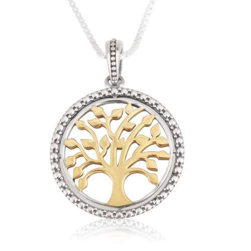 Tree of Life Pendant Necklace in Circular Pendant - Sterling Silver and 14K Gold Plate