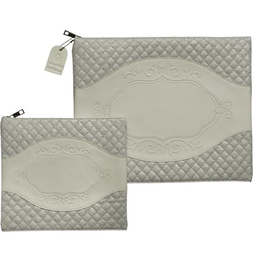 Two Tone Faux Leather Tallit and Tefillin Bag Set with - Gray and Off White