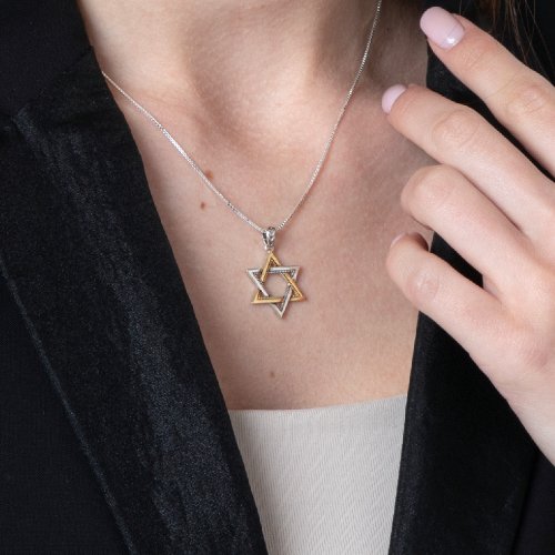 Two Tone Pendant Necklace  Sterling Silver and 15K Gold Plated Star of David