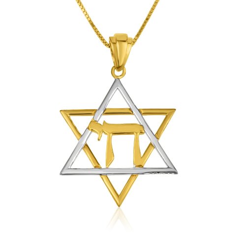 Two Tone Star of David with Chai Pendant Necklace in Sterling Silver and Gold Plate