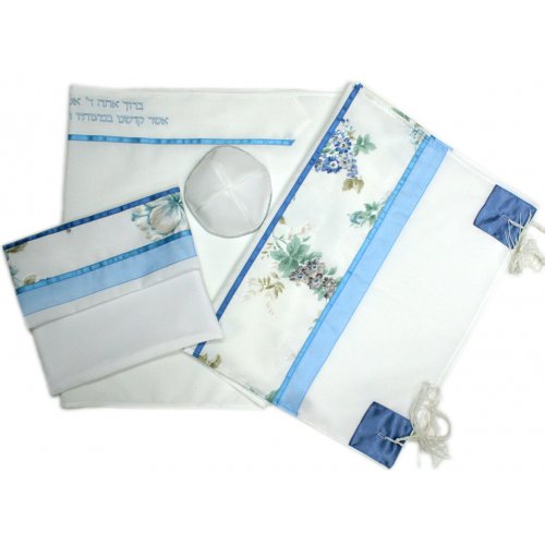 Viscose Tallit Set, Off White with Blue and Green Floral Design - Ronit Gur