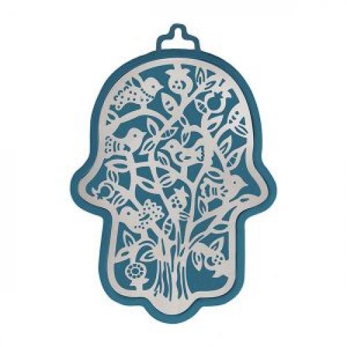 Wall Hamsa, Overlay of Cutout Tree and Bird Images, Silver on Blue - Yair Emanuel