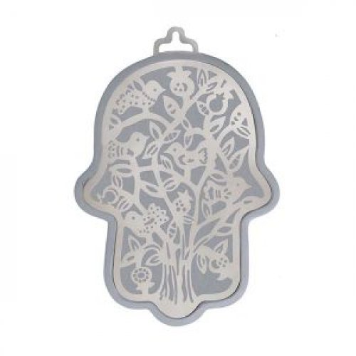 Wall Hamsa, Overlay of Cutout Tree and Birds, Silver on Silver - Yair Emanuel