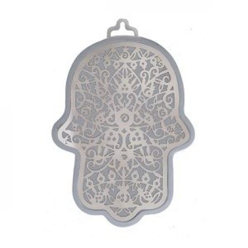 Wall Hamsa with Overlay of Cutout Pomegranates, Silver on Silver - Yair Emanuel