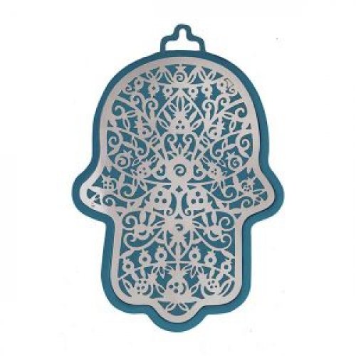 Wall Hamsa with Overlay of Pomegranate Images, Silver on Blue - Yair Emanuel