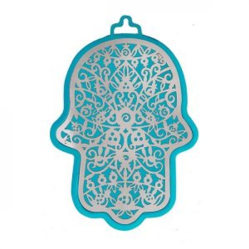 Wall Hamsa with Overlay of Pomegranate Images, Silver on Turquoise - Yair Emanuel