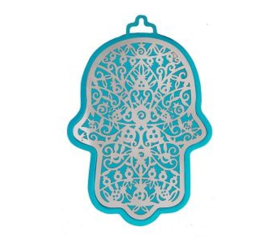 Wall Hamsa with Overlay of Pomegranate Images, Silver on Turquoise - Yair Emanuel