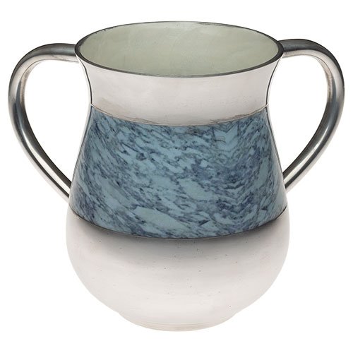 Wash Cup for Netilat Yadayim, Turquioise Marble Panel on White - Aluminum