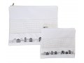 White Faux Leather Tallit and Tefillin Bag Set - Gray and Silver Jerusalem Images