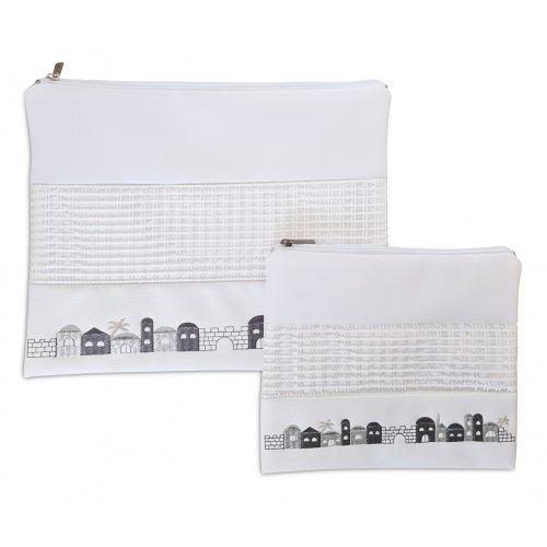 White Faux Leather Tallit and Tefillin Bag Set - Gray and Silver Jerusalem Images