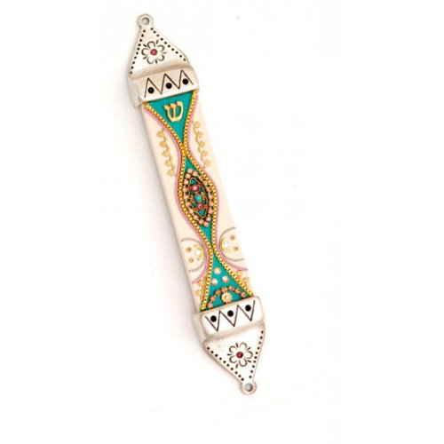 White and Teal Mezuzah Case - Ester Shahaf