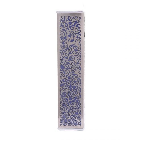 Wide Mezuzah Case with Cutout Pomegranates and Flowers, Purple - Yair Emanuel