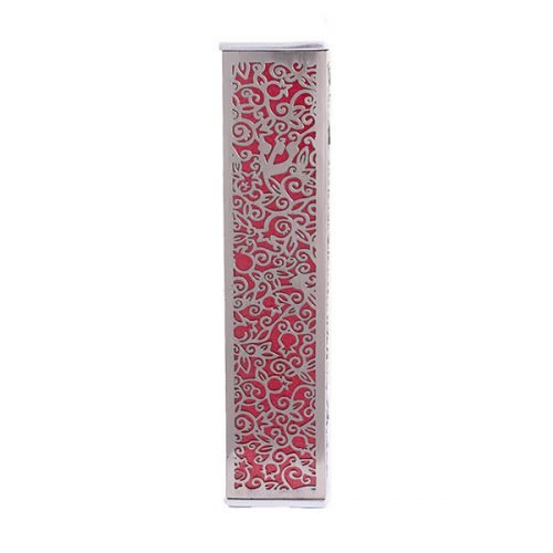 Wide Mezuzah Case with Cutout Pomegranates and Flowers, Red - Yair Emanuel