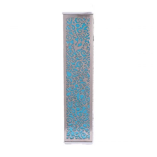 Wide Mezuzah Case with Cutout Pomegranates and Flowers, Turquoise - Yair Emanuel