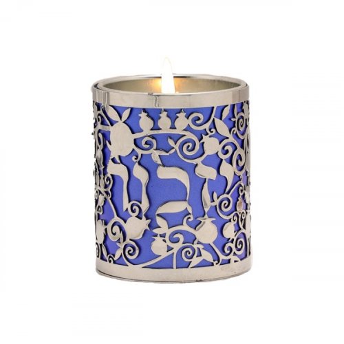 Yahrzeit Memorial Candle Holder with Yizkor & Pomegranates Cutout, Blue - Yair Emanuel