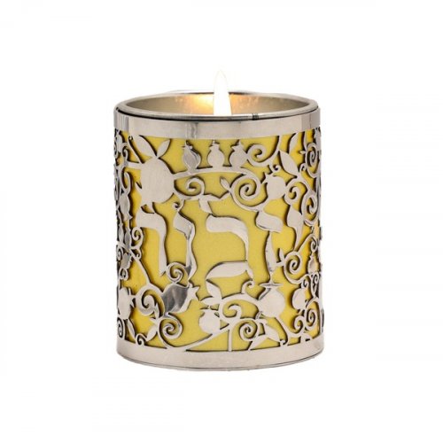 Yahrzeit Memorial Candle Holder with Yizkor & Pomegranates Cutout, Gold - Yair Emanuel