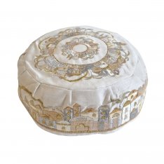 Yair Emanuel Embroidered Bucharian Kippah - Gold and Silver Jerusalem on White - Yair Emanuel