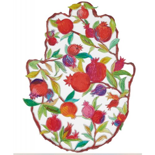 Yair Emanuel Medium Wall Hamsa, Enamel Finish  Leafy Pomegranates in Pencil Design