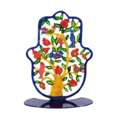 Yair Emanuel Small Hand-painted Hamsa on Stand - Tree of Life, Pomegranates and Birds