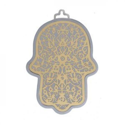 Yair Emanuel Wall Hamsa with Overlay of Cutout Pomegranate Images, Gold on Silver- Yair Emanuel