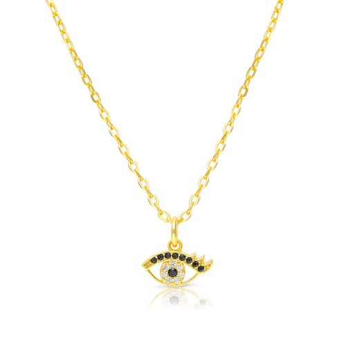 Yellow Gold Plated Necklace of Sterling Silver, Evil Eye Pendant - Glittering Zircons