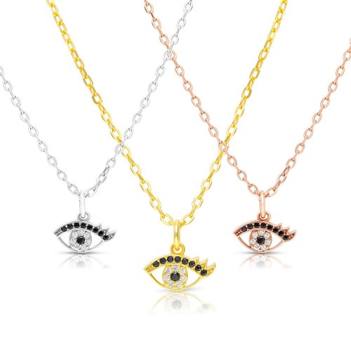 Yellow Gold Plated Necklace of Sterling Silver, Evil Eye Pendant - Glittering Zircons