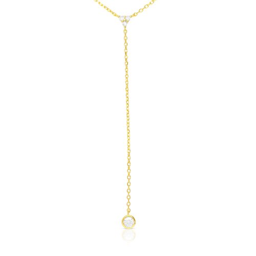 Yellow Gold Plated Sterling Silver Necklace  Zircon Decorated Lariat Pendant