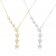 Zircon Studded Stars on Sterling Silver Lariat Necklace - Choose Yellow Gold or Silver